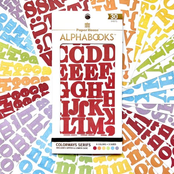 STBK-1001E - Alphabet Stickers - Alphabooks Colorways Serifs - Red serif alphabet stickers sheet with colorful letter backgrounds, featuring 30 sheets in multiple colors and sizes