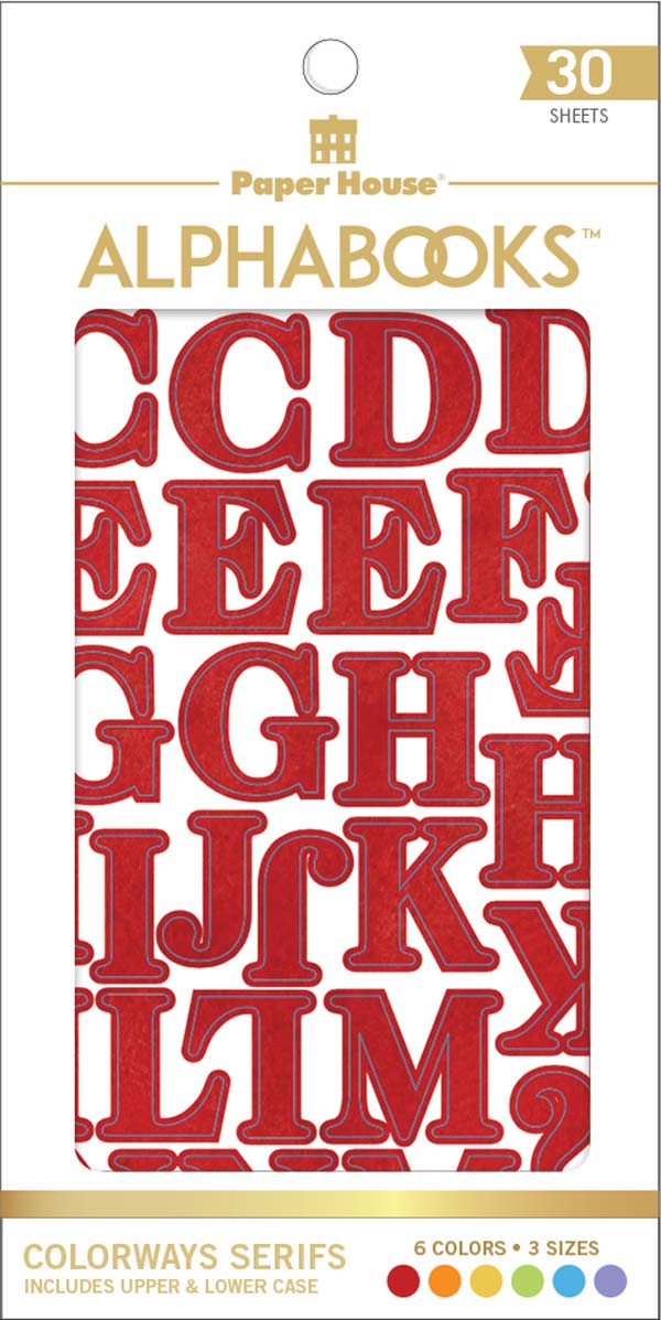 STBK-1001E - Alphabet Stickers - Alphabooks Colorways Serifs - Red serif alphabet stickers in uppercase and lowercase letters displayed on white packaging with colorway options shown below