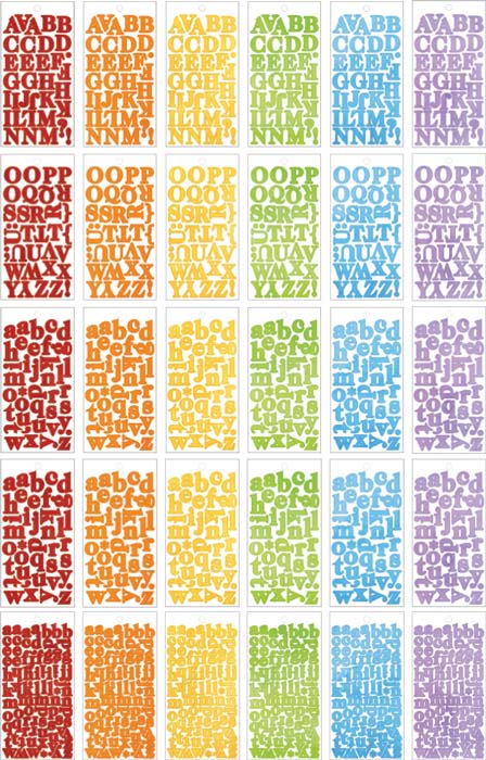 STBK-1001E - Alphabet Stickers - Alphabooks Colorways Serifs - Six sheets of alphabet letter stickers in red, orange, yellow, green, blue, and purple colorways with serif fonts