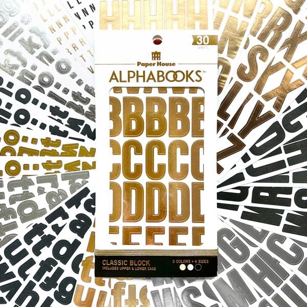 STBK-1002E - Alphabet Stickers - Alphabooks Classic Block - Gold, black, and silver adhesive alphabet stickers in classic block font displayed on packaging
