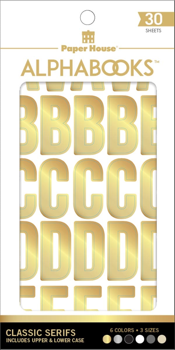 STBK-1002E - Alphabet Stickers - Alphabooks Classic Block - Gold block letter stickers in uppercase and lowercase on white packaging with color options displayed at bottom