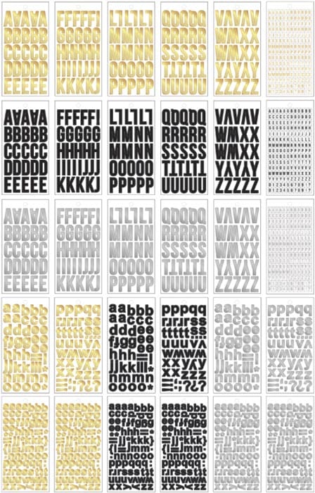 STBK-1002E - Alphabet Stickers - Alphabooks Classic Block - Multiple sheets of adhesive letter stickers in various colors and fonts including gold, black, white, and gray