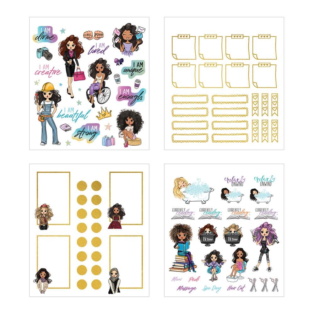 Four sheets of planner stickers are shown in this image featuring colorful illustrations of women with inspirational sayings and tags with gold details.