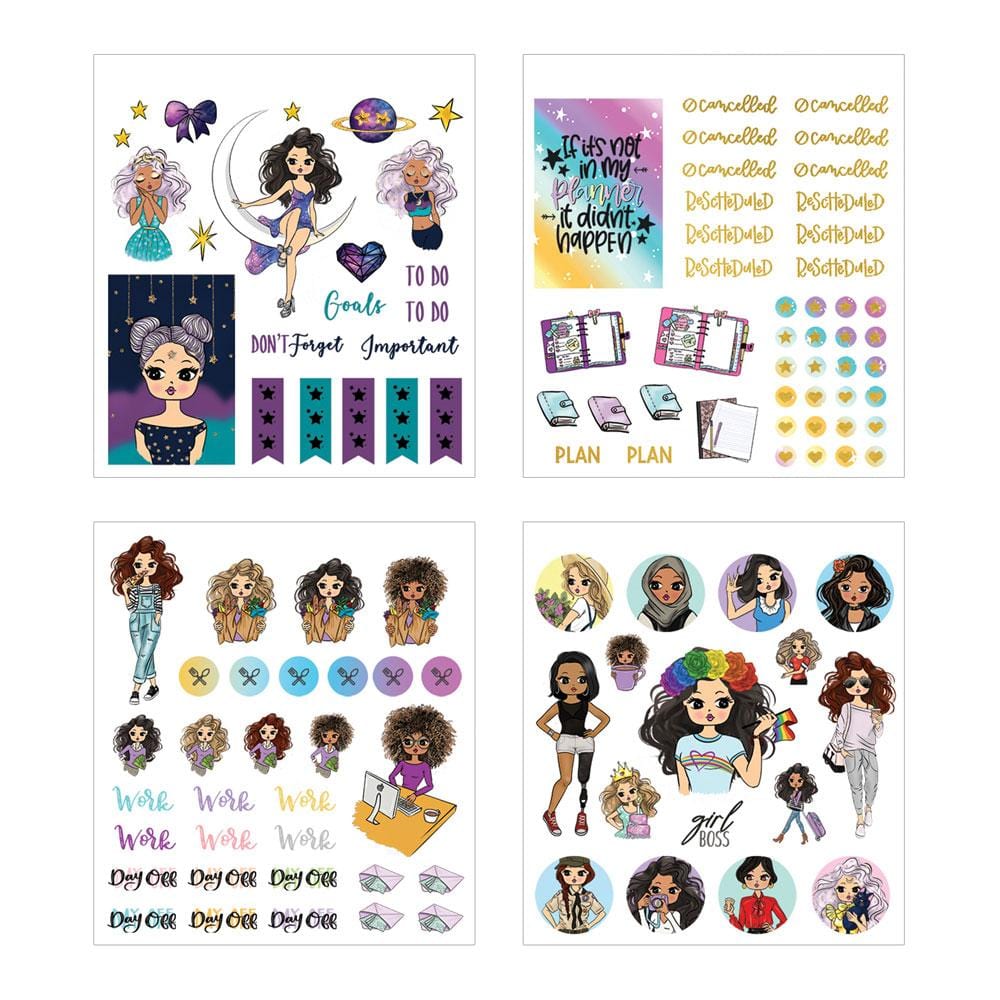 Four sheets of planner stickers are shown in this image featuring colorful illustrations of women with inspirational sayings and tags with gold details.