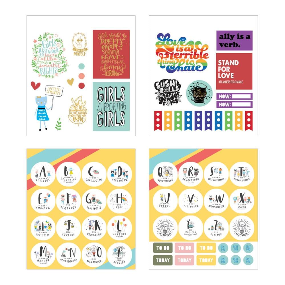Four sheets of planner stickers are shown in this image featuring colorful activism themed sentiments and tags with gold details.