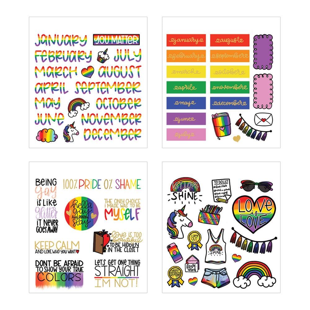 four sheets of planner stickers featuring rainbow colors with sentiments of Love is Love shown on white background.