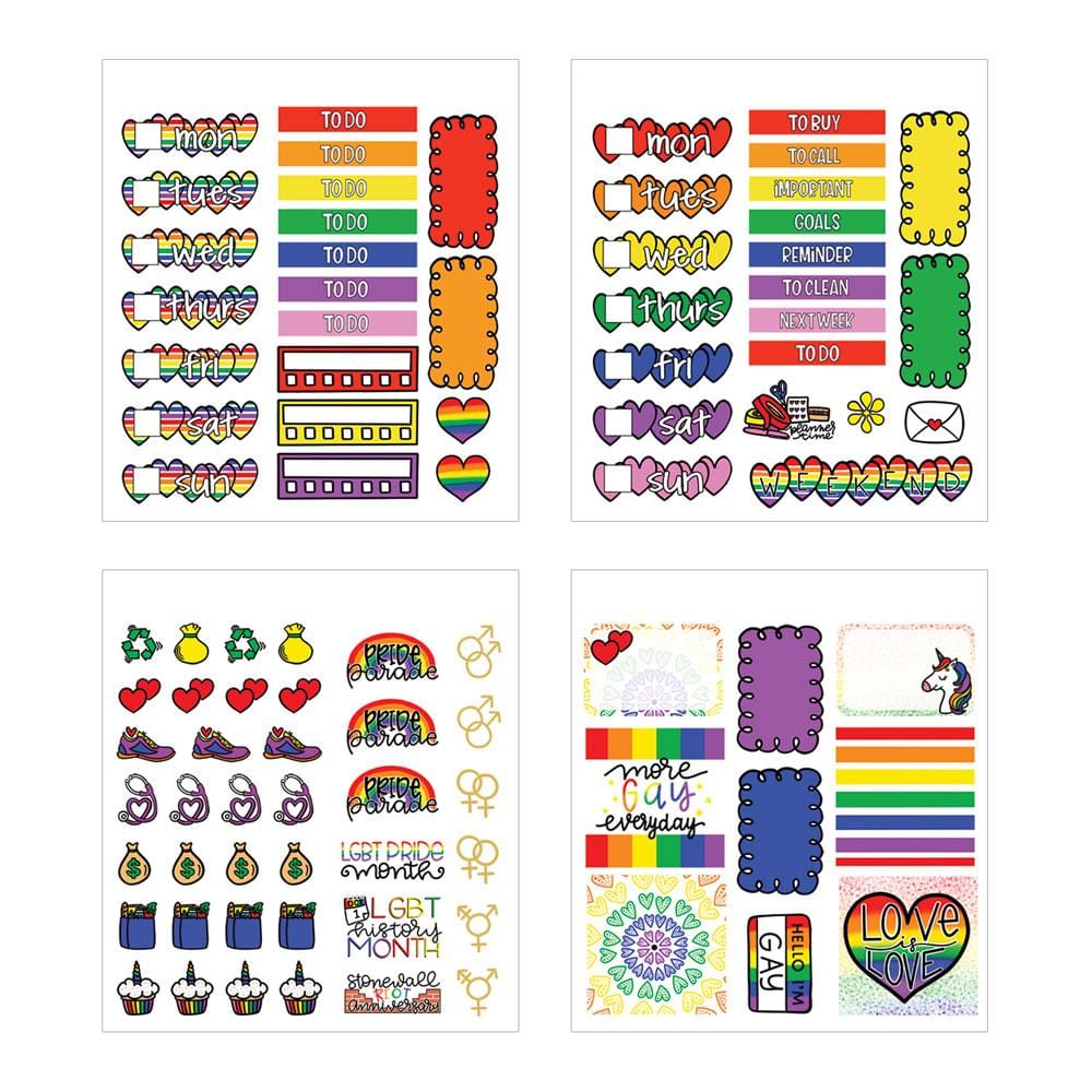 four sheets of planner stickers featuring rainbow colors with sentiments of Love is Love shown on white background.