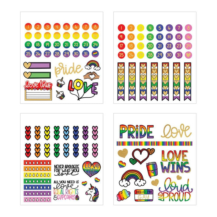 four sheets of planner stickers featuring rainbows and sentiments of love is love shown on white background.