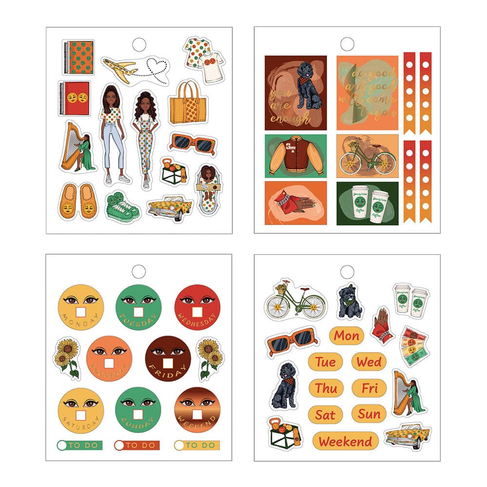 4 sheets of planner stickers featuring illustrations of women of color, sneakers, planners, bikes and coffee, shown on white background.