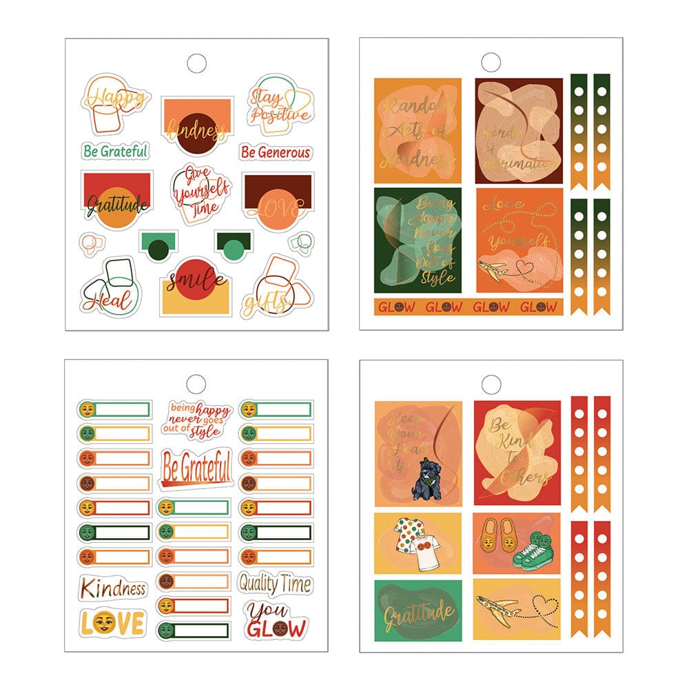4 sheets of planner stickers featuring illustrations in oranges and greens with words of inspiration, shown on white background.