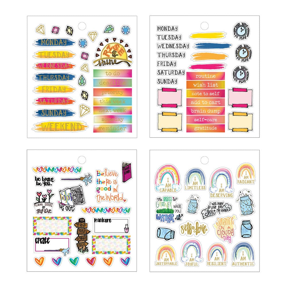 4 sheets of planner stickers featuring colorful illustrations of rainbows, days of the week, and inspirational sentiments, shown on white background.