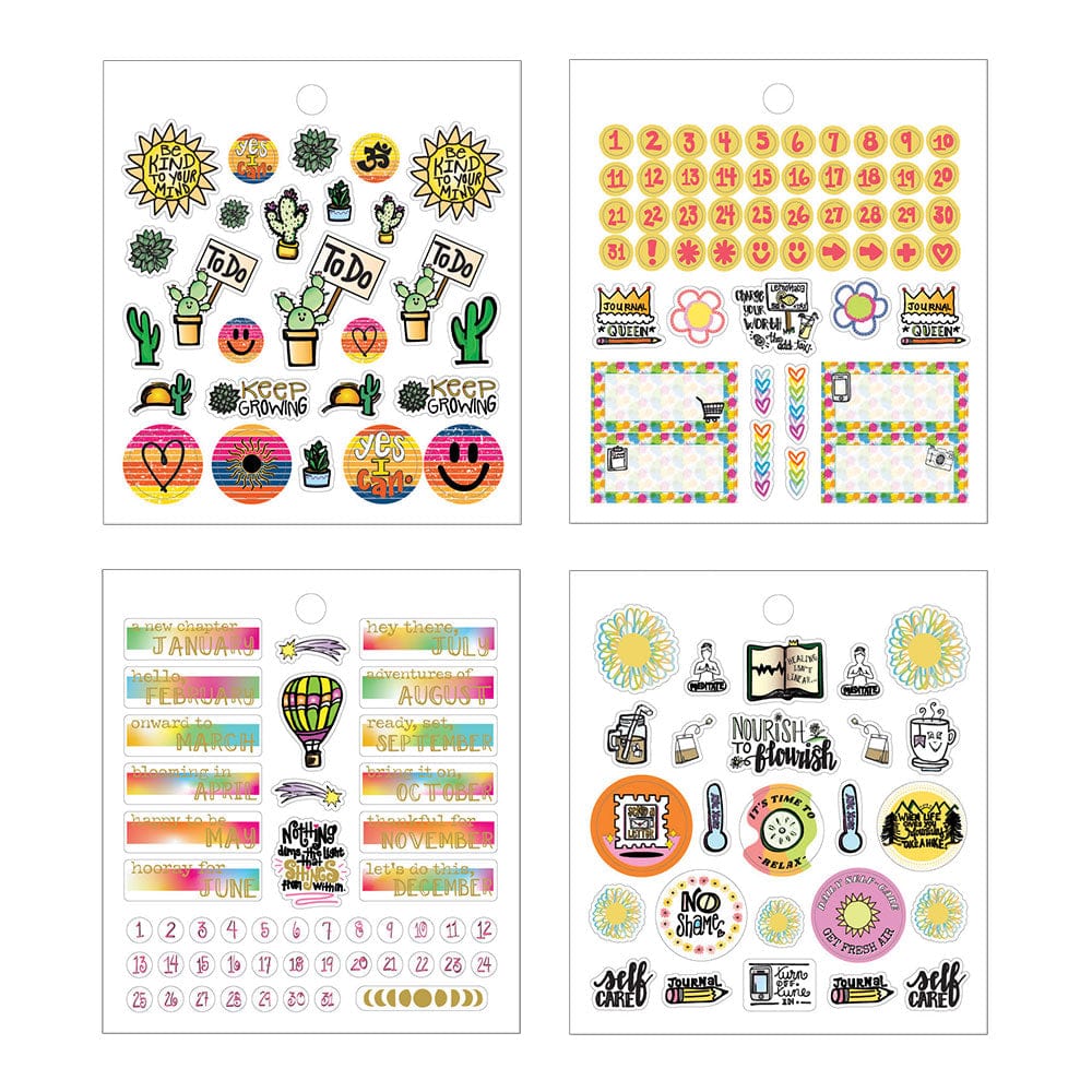 4 sheets of planner stickers featuring colorful illustrations of cacti, suns, numbers and months, shown on white background.