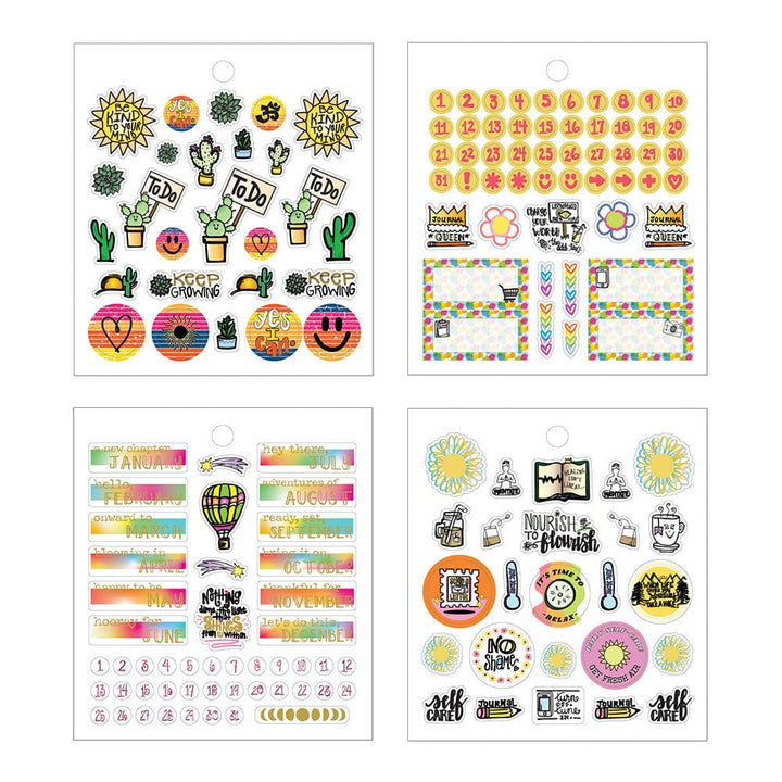 4 sheets of planner stickers featuring colorful illustrations of cacti, suns, numbers and months, shown on white background.