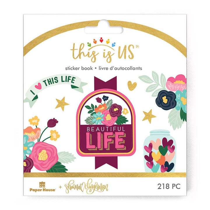 planner stickers book cover featuring colorful illustrations of florals and hearts with gold accents, shown on white background.