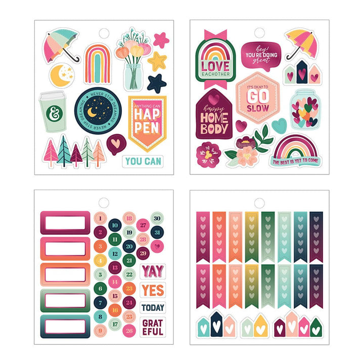 4 sheets of planner stickers featuring colorful florals, rainbows, inspirational words, and numbers, shown on white background.