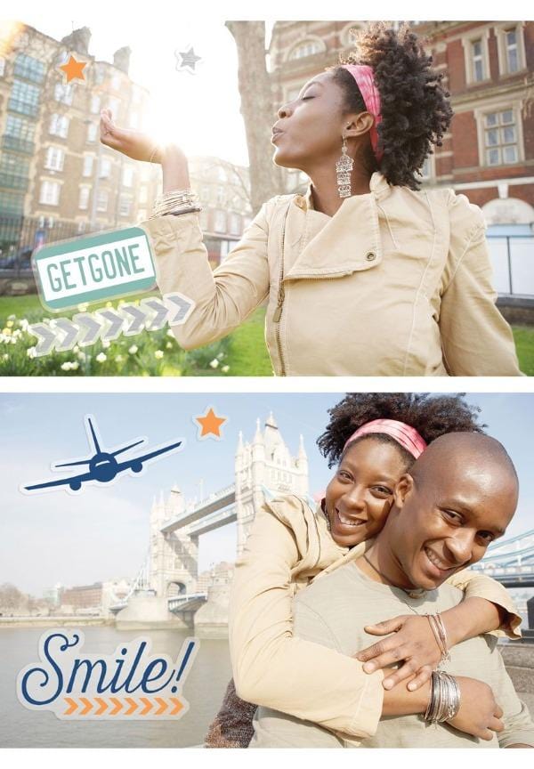 scrapbook stickers shown adhered to 2 photographs of a couple on vacation.