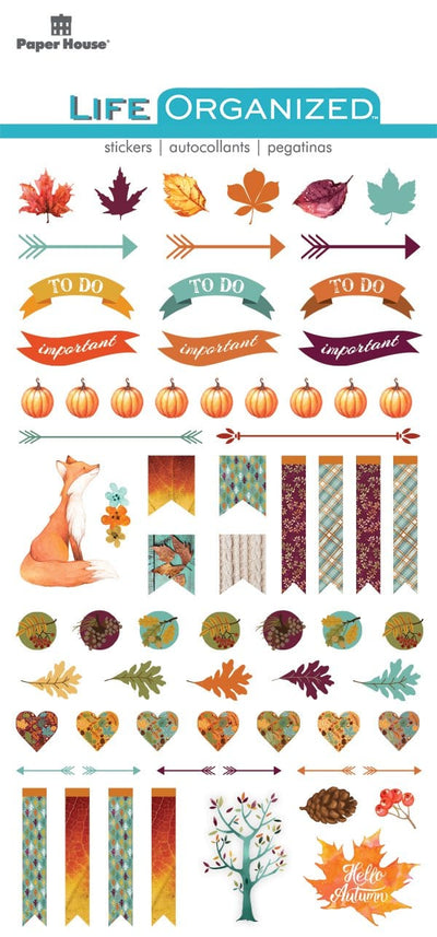 epoxy sticker featuring autumn woods with foxes and leaves, shown in package.