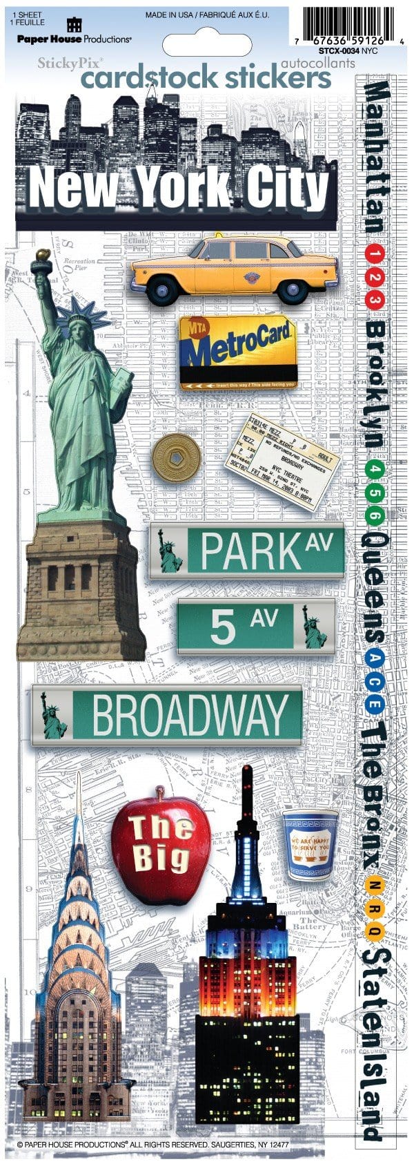 STCX-0034E - Scrapbook Stickers - New York City - StickyPix cardstock stickers featuring NYC icons including yellow taxi, Statue of Liberty, street signs, and Empire State Building on map background