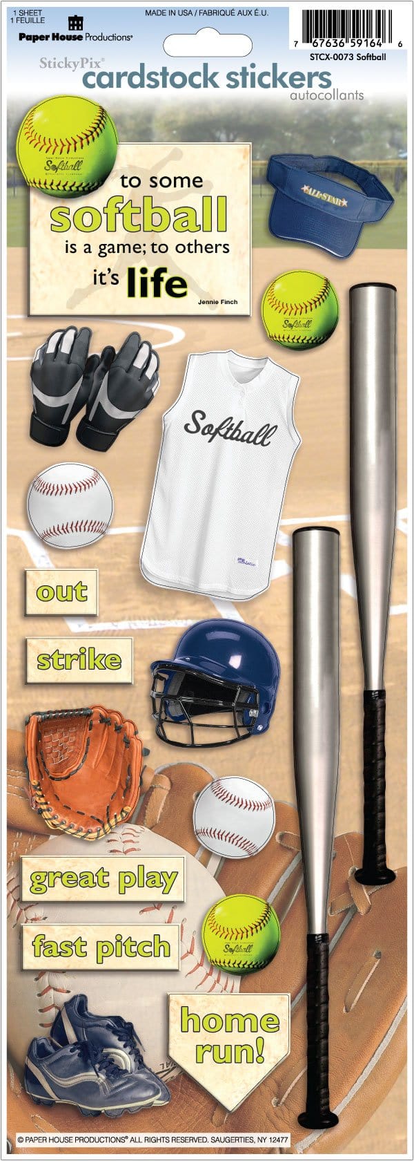 STCX-0073E - Scrapbook Stickers - Softball - Cardstock stickers featuring softball equipment, balls, gloves, bats, and inspirational quotes on a diamond background