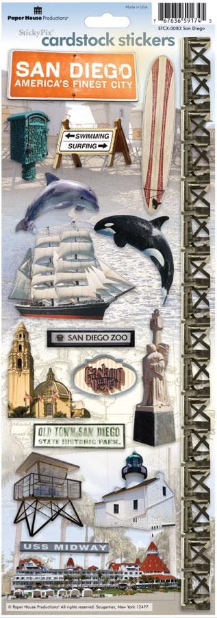 STCX-0083E - Scrapbook Stickers - San Diego - Cardstock sticker sheet featuring San Diego landmarks including surfboards, orca whale, sailing ship, zoo sign, cathedral, lighthouse, and USS Midway