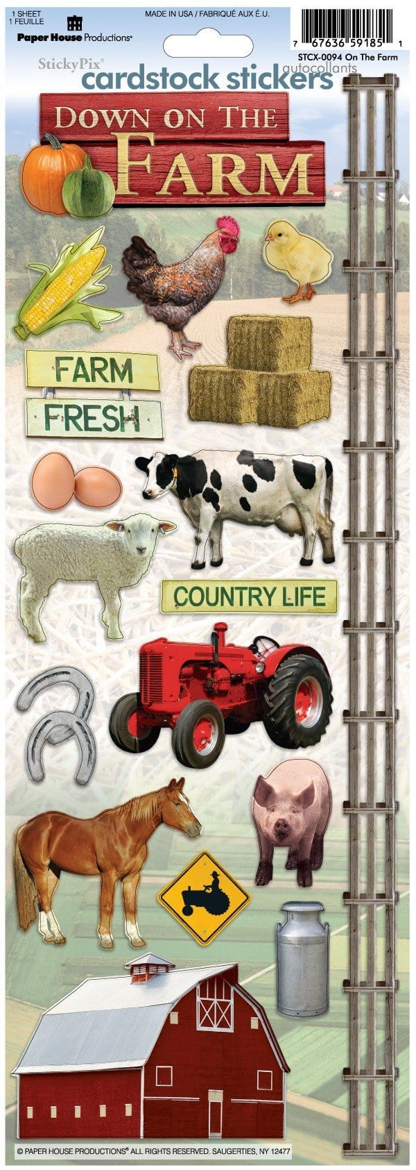 STCX-0094E - Scrapbook Stickers - On the Farm - Farm-themed cardstock stickers featuring a red barn, animals, crops, tractor, and "Down on the Farm" text on white background