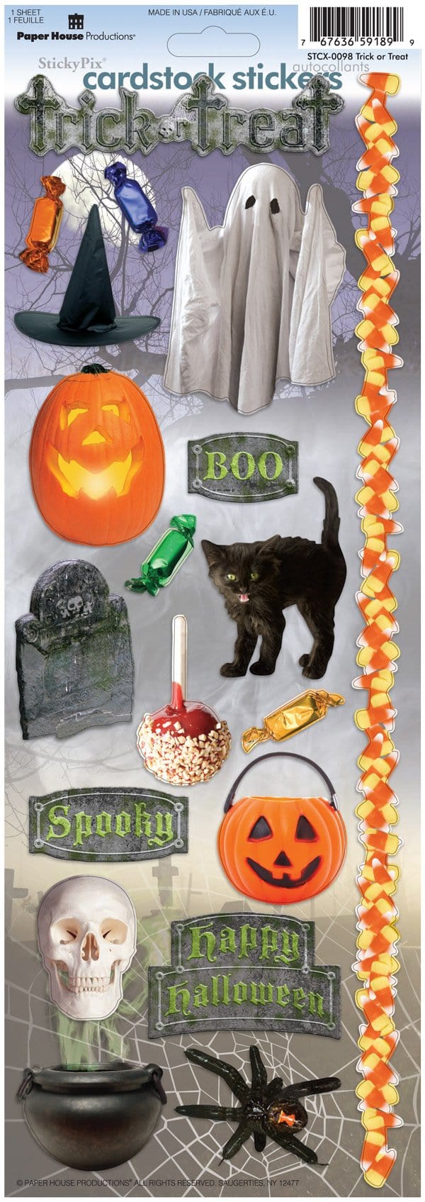 STCX-0098E - Scrapbook Stickers - Trick or Treat - Halloween-themed cardstock stickers featuring ghosts, pumpkins, black cat, witch hat, candy, skull, cauldron, and "Trick or Treat" text on purple background