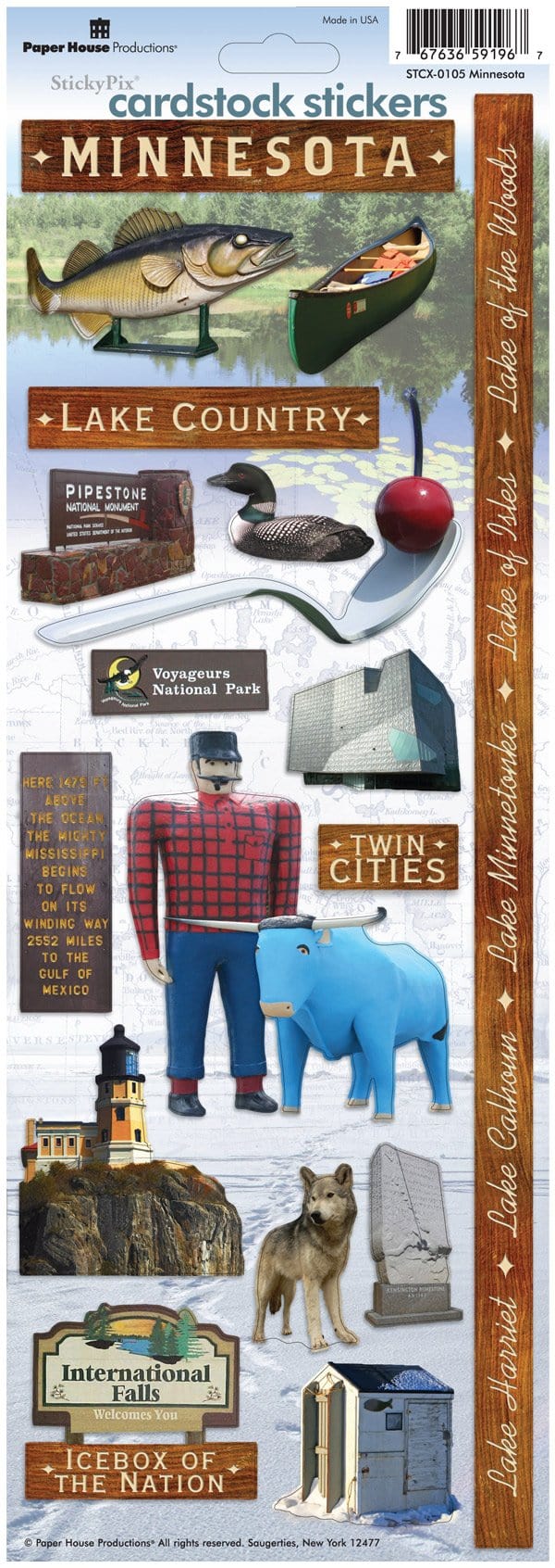 STCX-0105E - Scrapbook Stickers - Minnesota - Cardstock stickers featuring Minnesota icons including a walleye fish, canoe, loon, Paul Bunyan figure, and landmarks on a wood-textured background
