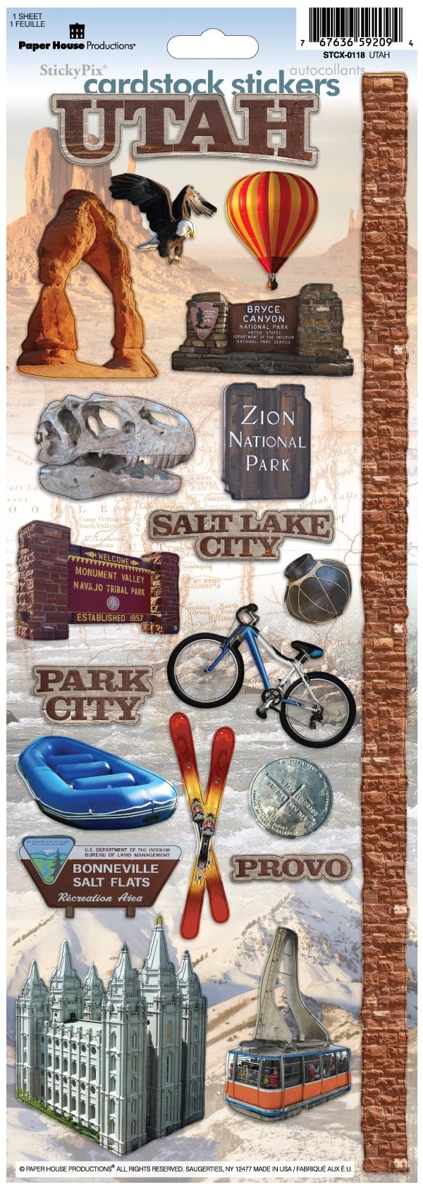 STCX-0118E - Scrapbook Stickers - Utah - Cardstock stickers sheet featuring Utah landmarks including Delicate Arch, national parks, Salt Lake City, and skiing imagery
