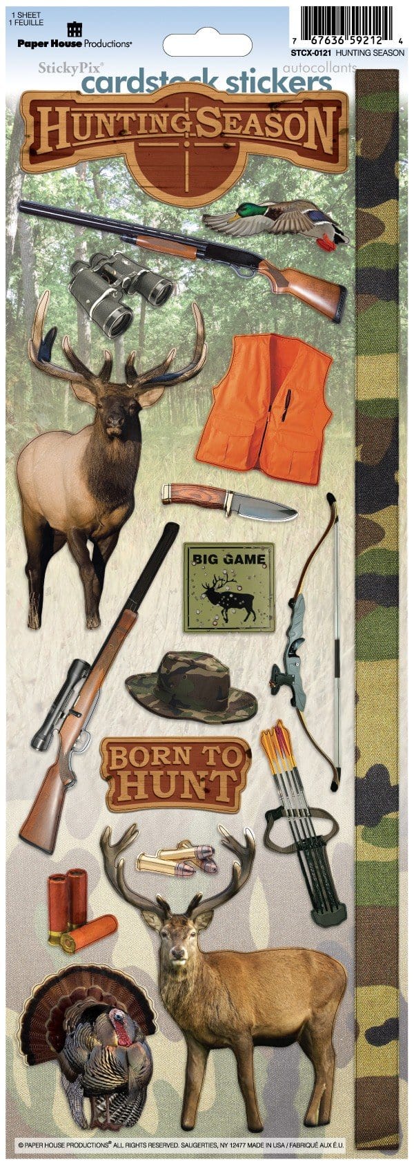 STCX-0121E - Scrapbook Stickers - Hunting Season - Adhesive sticker sheet featuring hunting-themed die-cuts including rifles, deer, shotguns, hunting vest, knives, bows, ammunition, and "Born to Hunt" text on camouflage background