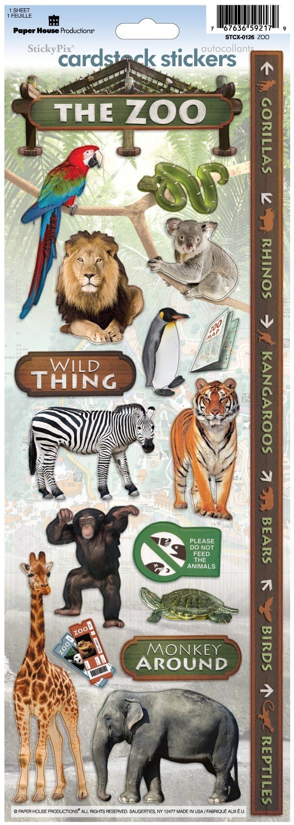 STCX-0126E - Scrapbook Stickers - Zoo - Cardstock sticker sheet featuring colorful zoo animals including lion, parrot, penguin, zebra, tiger, giraffe, elephant, and koala on white background