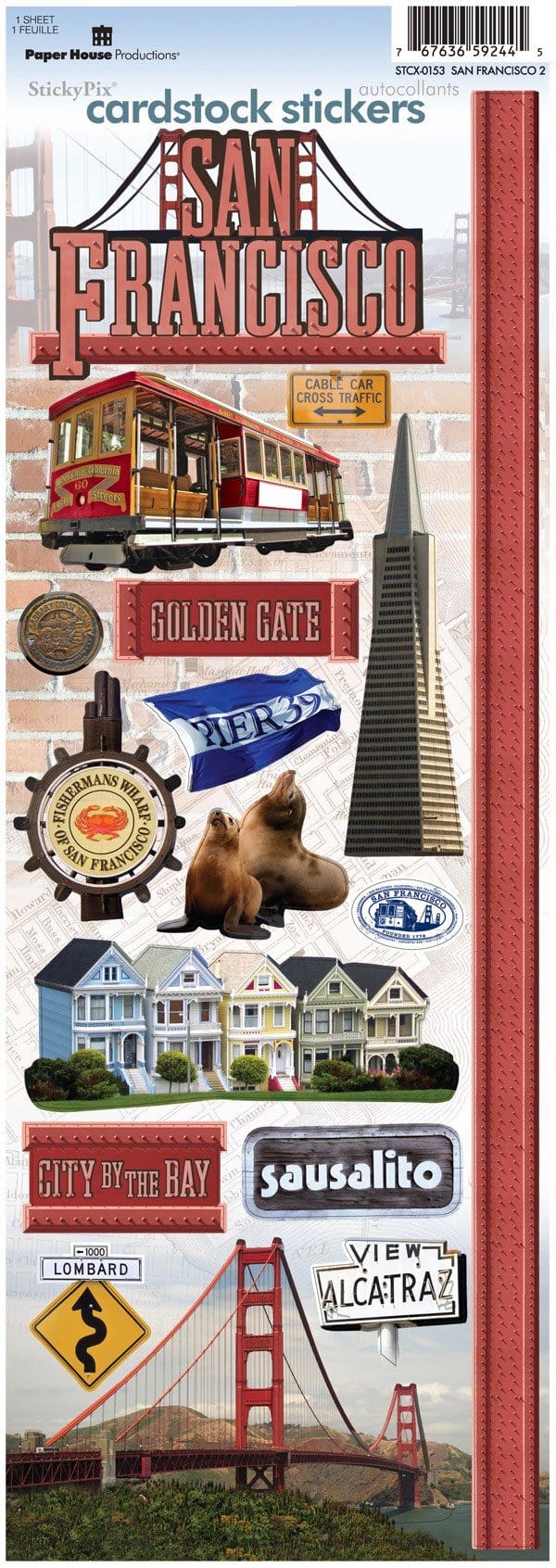 STCX-0153E - Scrapbook Stickers - San Francisco - Sticky Pix cardstock stickers featuring San Francisco landmarks including the Golden Gate Bridge, cable car, Transamerica Pyramid, painted houses, and sea lions on a red textured border