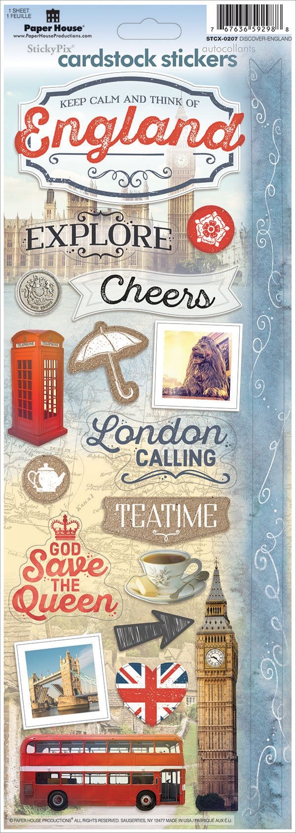 STCX-0207E - Scrapbook Stickers - England - England-themed cardstock stickers featuring Big Ben, double-decker bus, phone booth, and British landmarks in red, blue, and gold tones