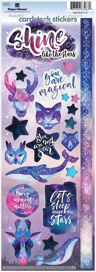 STCX-0219E - Scrapbook Stickers - Shine Bright - Purple and pink galaxy-themed cardstock stickers featuring stars, whales, cats, and inspirational phrases on a gradient background