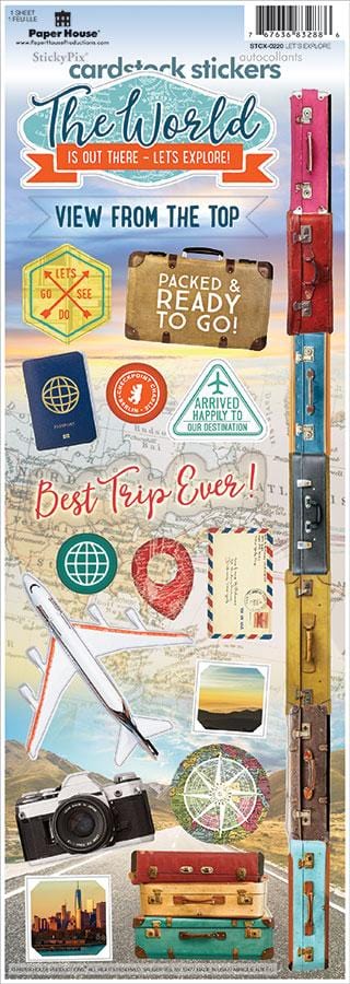 STCX-0220E - Scrapbook Stickers - Let's Explore - Travel-themed cardstock stickers featuring suitcases, passports, airplanes, maps, and colorful vintage luggage designs