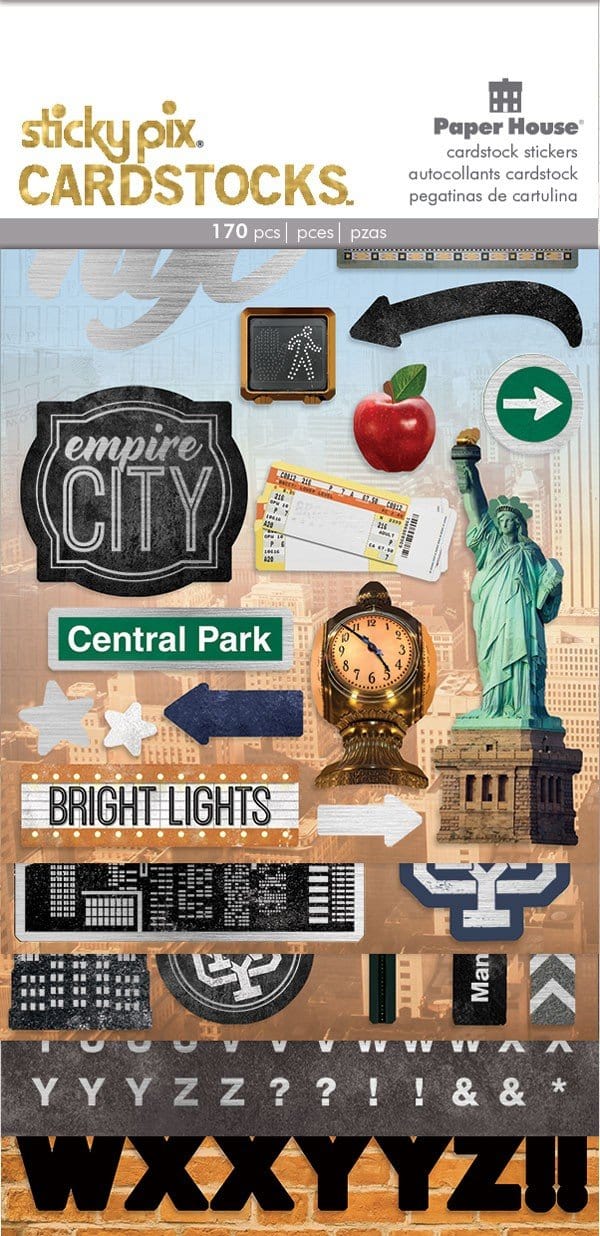 STCX-2002E - New York City Cardstock Sticker Multipack - Sticky Pix cardstock stickers featuring NYC landmarks, icons, and text on a tan and black background
