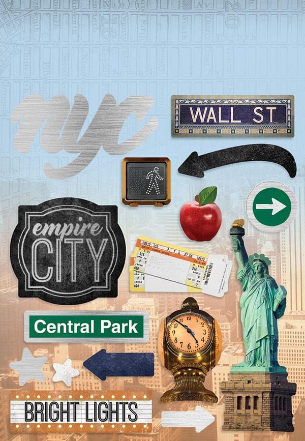 STCX-2002E - New York City Cardstock Sticker Multipack - Assorted NYC-themed stickers including Wall St sign, Statue of Liberty, Empire City badge, Central Park label, and iconic landmarks on light blue background