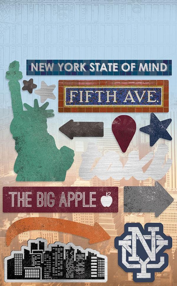 STCX-2002E - New York City Cardstock Sticker Multipack - Assorted NYC-themed stickers including Statue of Liberty, Fifth Avenue sign, Big Apple text, skyline, and NY logo in green, navy, burgundy, and gold