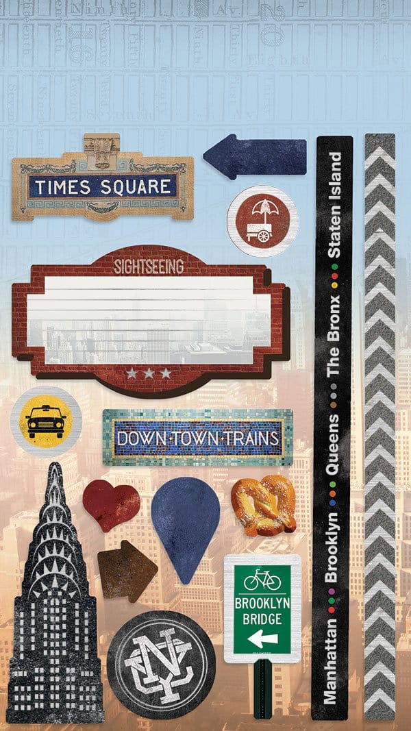 STCX-2002E - New York City Cardstock Sticker Multipack - Assorted NYC-themed cardstock stickers including Times Square, Chrysler Building, taxi, pretzel, and neighborhood labels on light blue background