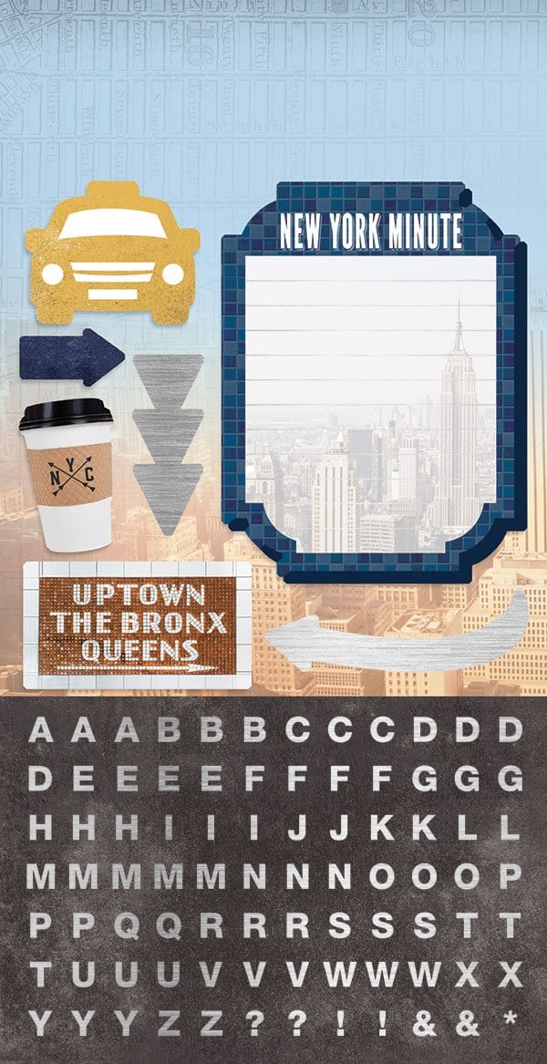 STCX-2002E - New York City Cardstock Sticker Multipack - NYC-themed cardstock stickers featuring yellow taxi, coffee cup, NYC landmarks, and alphabet characters on blue plaid background