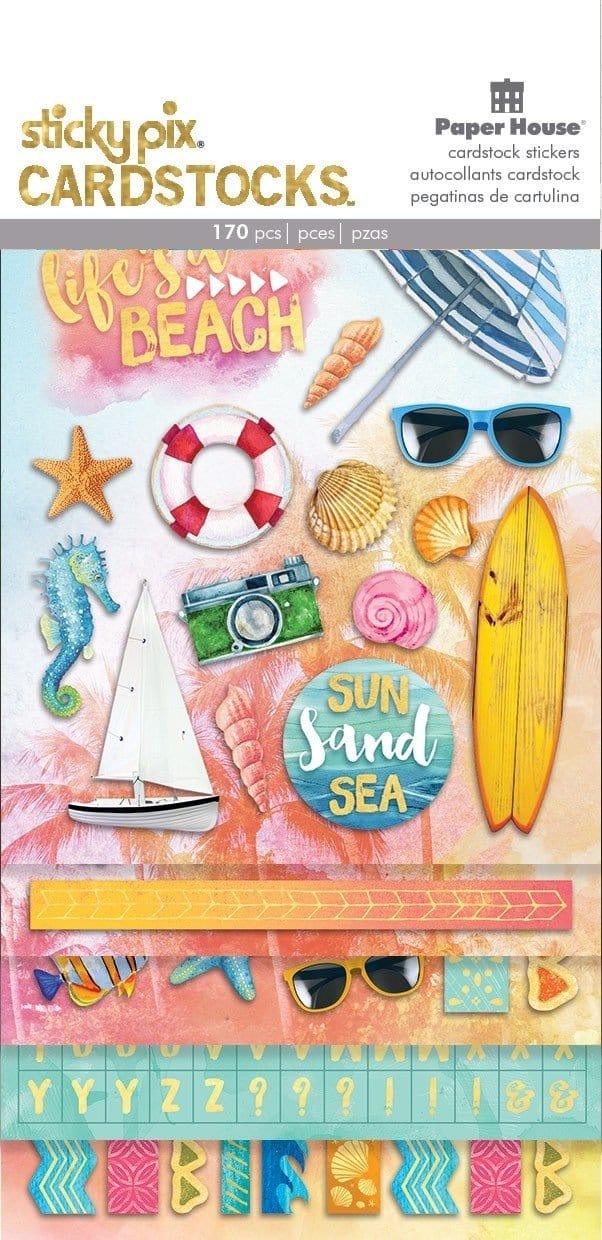 STCX-2012E - Scrapbook Stickers - Sundrenched Multipack - Beach-themed cardstock stickers featuring surfboards, shells, sunglasses, and colorful decorative elements in pink, blue, and yellow tones