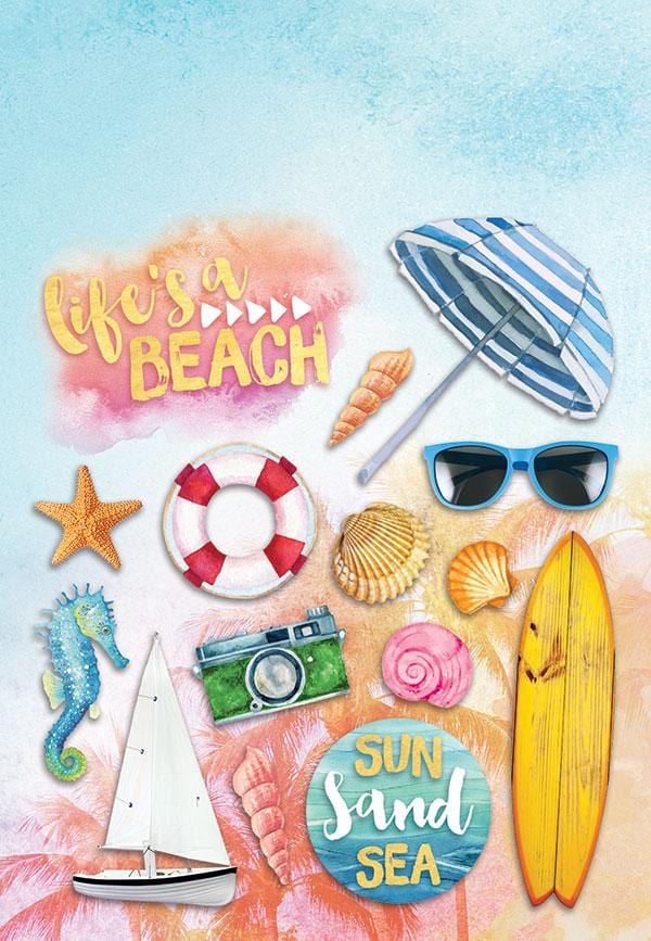 STCX-2012E - Scrapbook Stickers - Sundrenched Multipack - Colorful beach-themed stickers including surfboard, umbrella, starfish, seahorse, shells, sailboat, camera, and text reading "life&