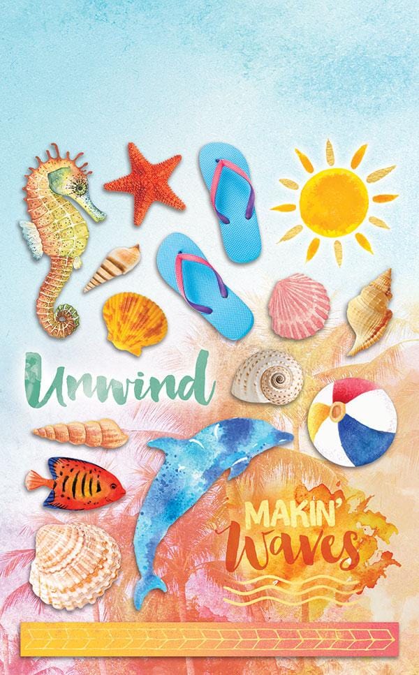 STCX-2012E - Scrapbook Stickers - Sundrenched Multipack - Colorful beach-themed sticker sheet featuring seahorse, starfish, flip-flops, sun, dolphin, shells, fish, and "Unwind" and "Makin&