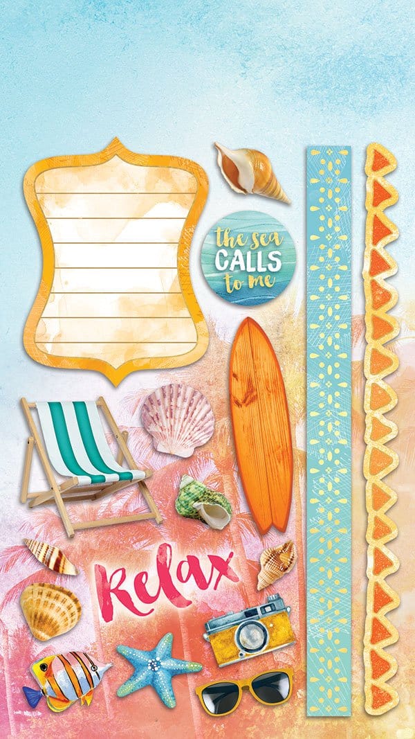 STCX-2012E - Scrapbook Stickers - Sundrenched Multipack - Beach-themed scrapbook stickers featuring surfboard, seashells, starfish, camera, sunglasses, and text elements on colorful gradient background