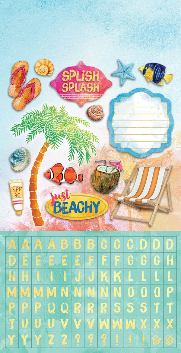 STCX-2012E - Scrapbook Stickers - Sundrenched Multipack - Beach-themed scrapbook stickers featuring flip-flops, palm tree, starfish, tropical fish, coconut drink, sunscreen, beach chair, and word labels on light blue background