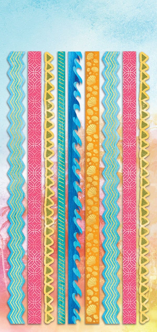 STCX-2012E - Scrapbook Stickers - Sundrenched Multipack - Nine vertical decorative border stickers in blue, pink, yellow, and orange with geometric and wave patterns on a watercolor background