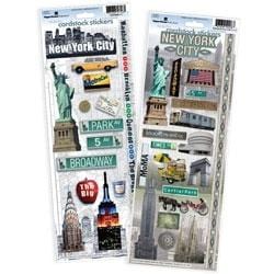 STCX-4000E - Scrapbook Stickers - New York City Value Pack II - Two sheets of NYC-themed scrapbook stickers featuring landmarks, yellow taxi, Statue of Liberty, and street signs in full color