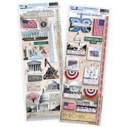 STCX-4001E - Scrapbook Stickers - Washington DC Value Pack - Two sheets of patriotic scrapbook stickers featuring Washington DC landmarks, American flags, and red, white, and blue decorative elements