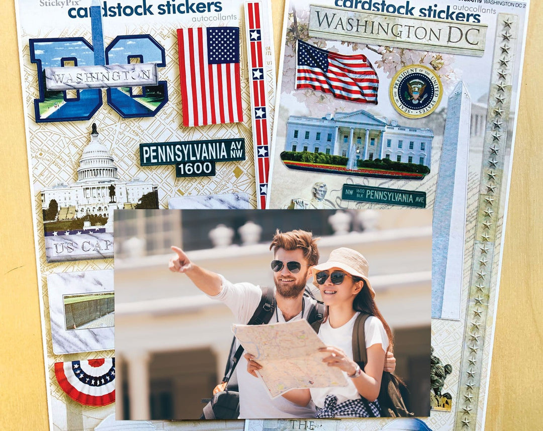 STCX-4001E - Scrapbook Stickers - Washington DC Value Pack - StickyPix cardstock stickers featuring Washington DC landmarks, flags, and patriotic designs in red, white, and blue
