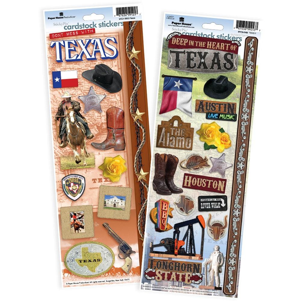STCX-4003E - Scrapbook Stickers - Texas Value Pack - Two cardstock sticker sheets featuring Texas-themed designs including cowboy boots, hats, the Alamo, oil derricks, and state symbols on orange and cream backgrounds