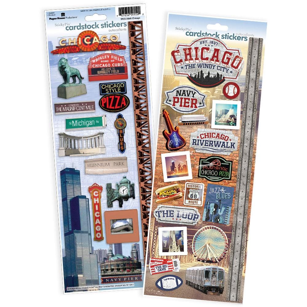STCX-4017E - Scrapbook Stickers - Chicago Value Pack - Two cardstock sticker sheets featuring Chicago landmarks, iconic imagery, and city attractions in red, blue, and gold tones